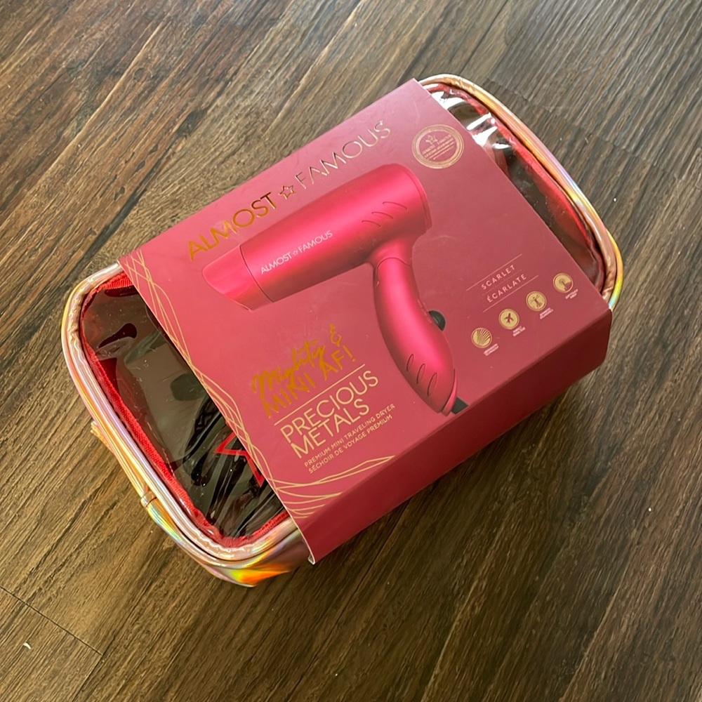 Almost Famous Mighty AF Mini Travel Hair Dryer with Holotone Carrying Bag